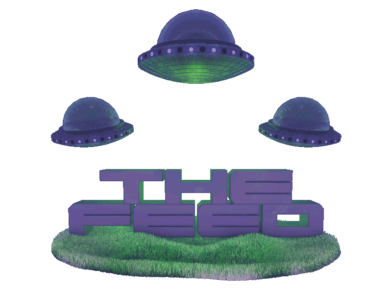 The Feed Splash Page logo -- a 3D animated gif of three ufo's beaming up the main text's typography